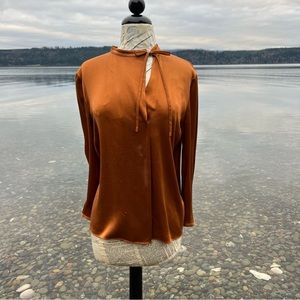 Copper Silk Asymmetrical Tie Neck Popover Blouse